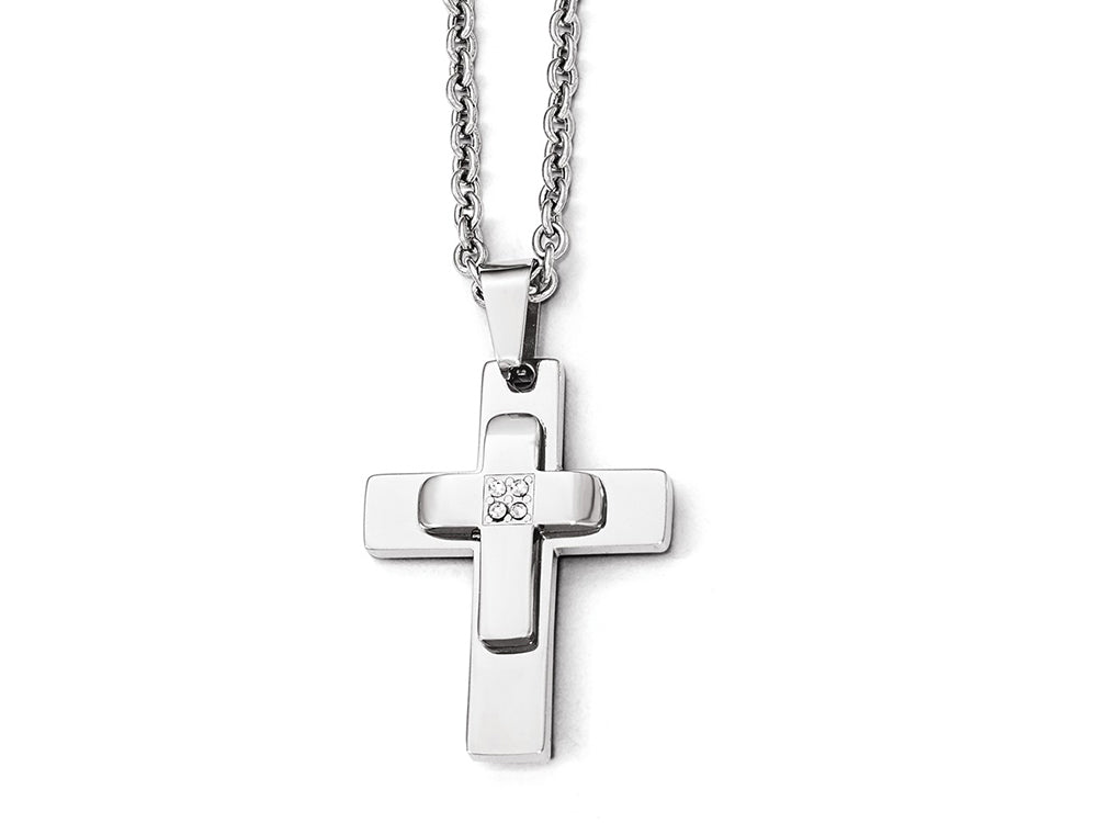 Chisel Stainless Steel Polished CZ Cross Necklace