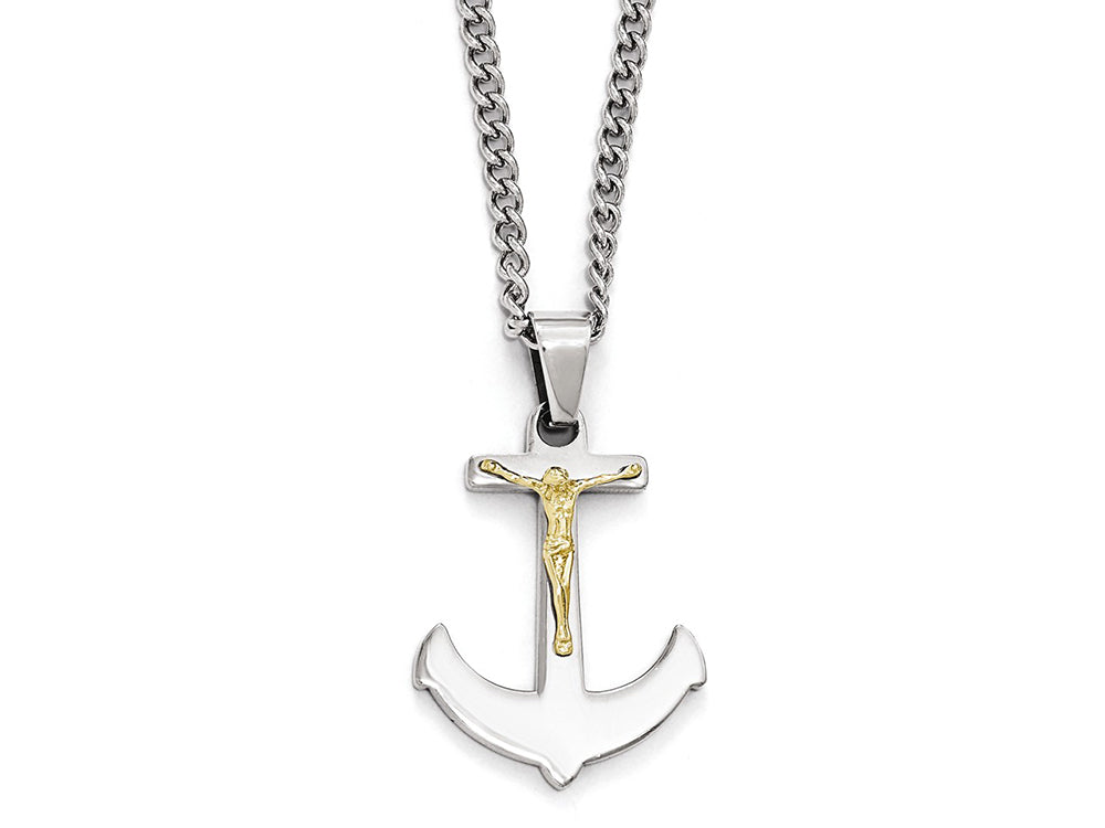Chisel Stainless Steel W/14k Gold Crucifix Anchor Necklace