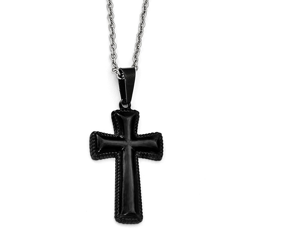 Chisel Stainless Steel Polished Black Ip-plated Medium Pillow Cross Necklace