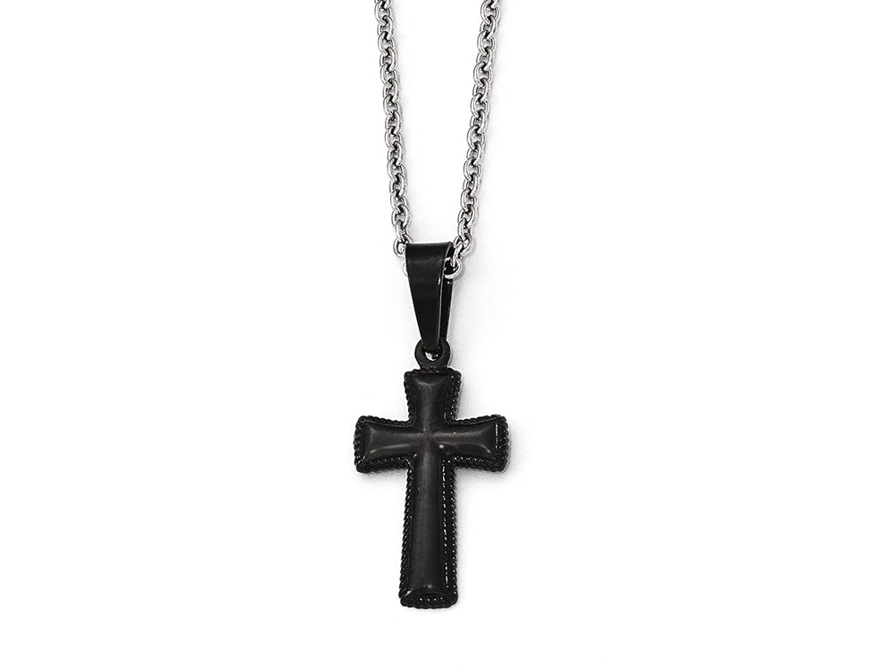 Chisel Stainless Steel Polished Black Ip Small Pillow Cross Necklace