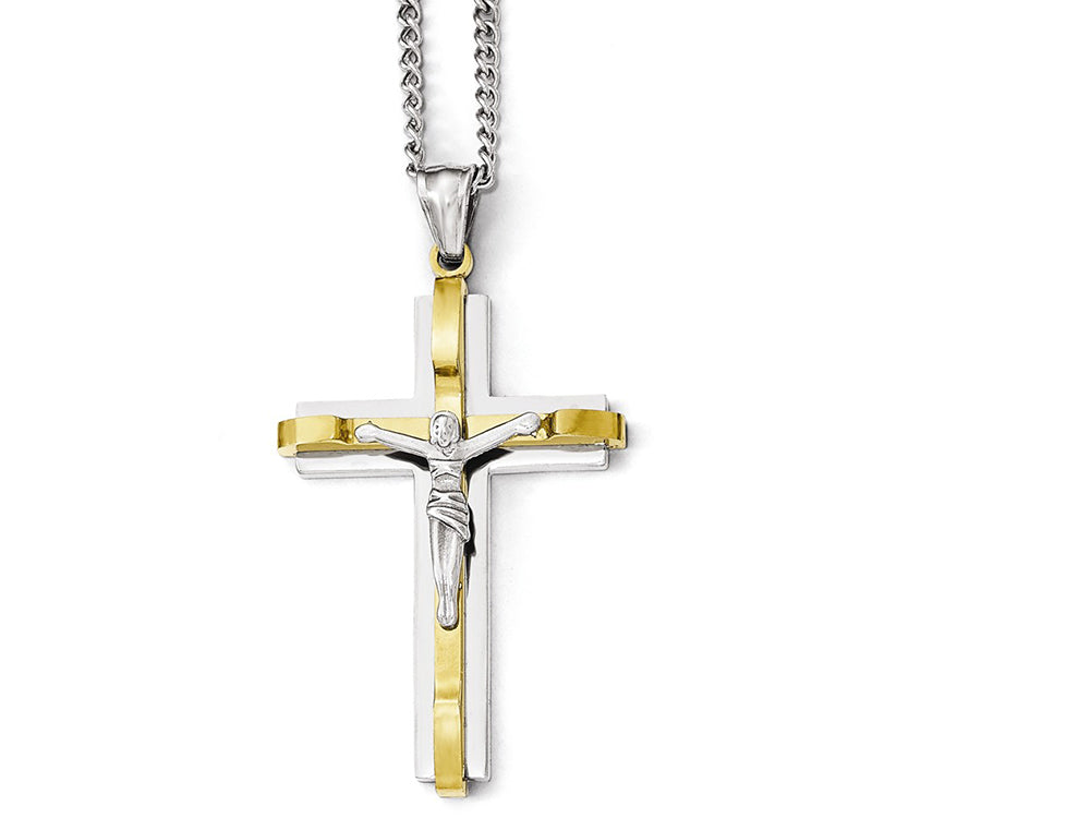 Chisel Stainless Steel Polished Yellow Ip Crucifix Necklace