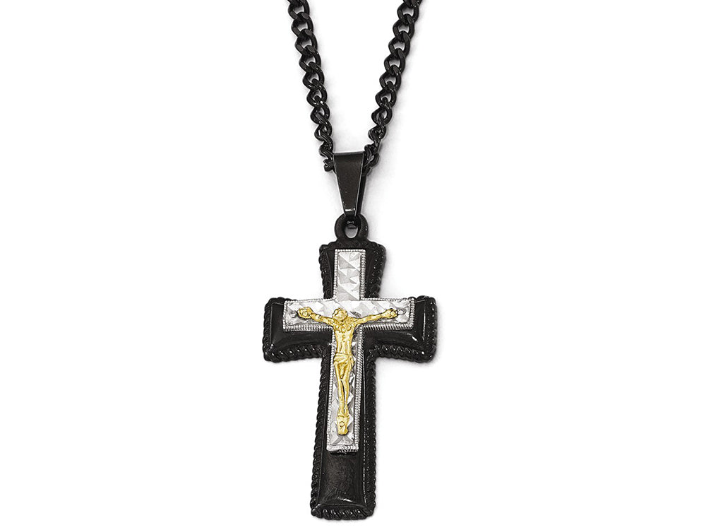 Chisel Stainlesssteel Black and Yellow Ip-plated W/ Silver Ip Brass Crucifix Necklace