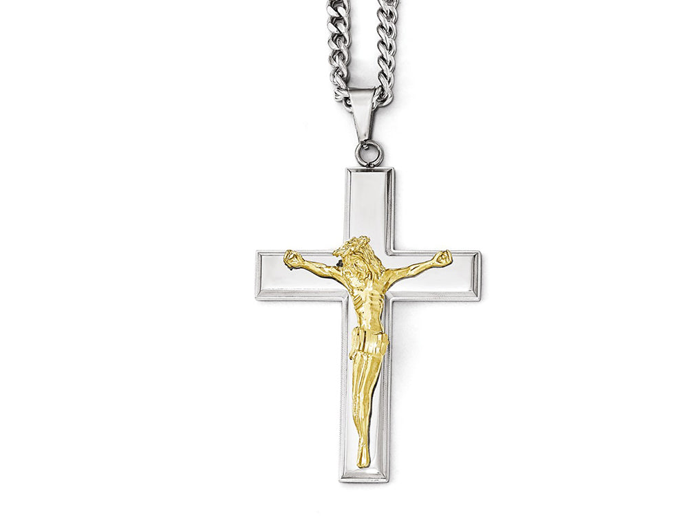 Chisel Stainless Steel Polished Cross W/yellow Ip Jesus Necklace