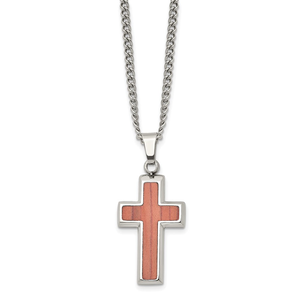 Chisel Stainless Steel Polished Wood Inlay Cross Necklace
