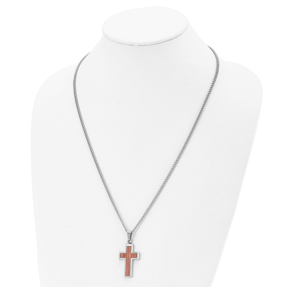 Chisel Stainless Steel Polished Wood Inlay Cross Necklace