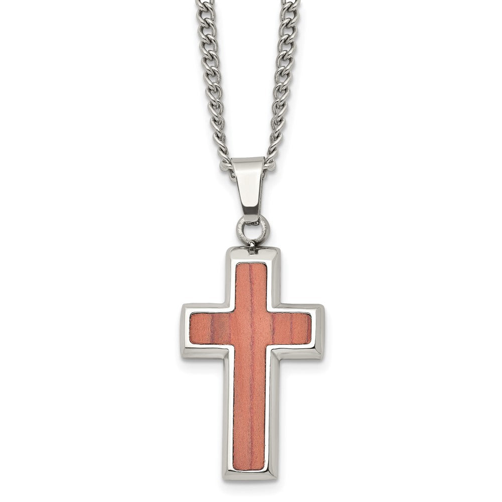 Chisel Stainless Steel Polished Wood Inlay Cross Necklace