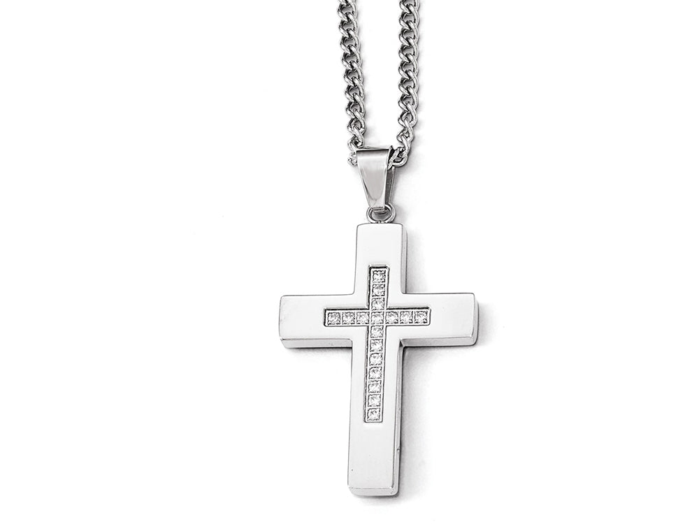 Chisel Stainless Steel Polished CZ Cross Necklace