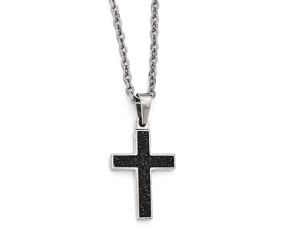 Chisel Stainless Steel Polished And Textured Black Ip-plated Cross Necklace