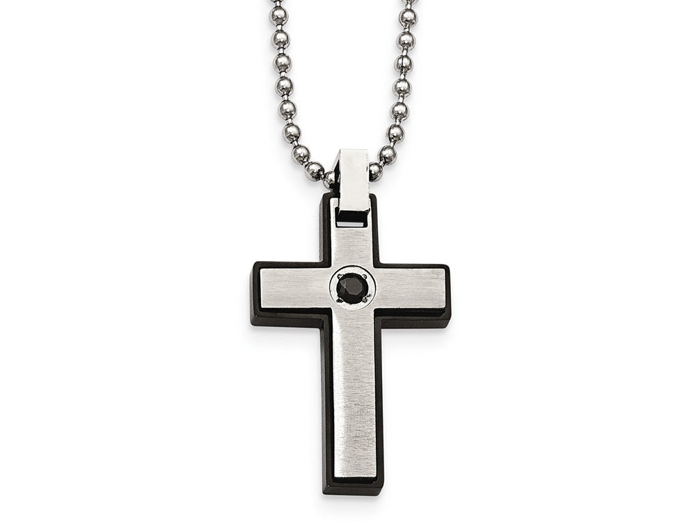 Chisel Stainless Steel Brushed And Polished Black CZ Black Ip Cross Necklace