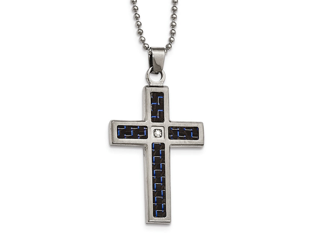 Chisel Stainless Steel Brushed/polished Blk/blue Carbon Fiber CZ Cross Necklace