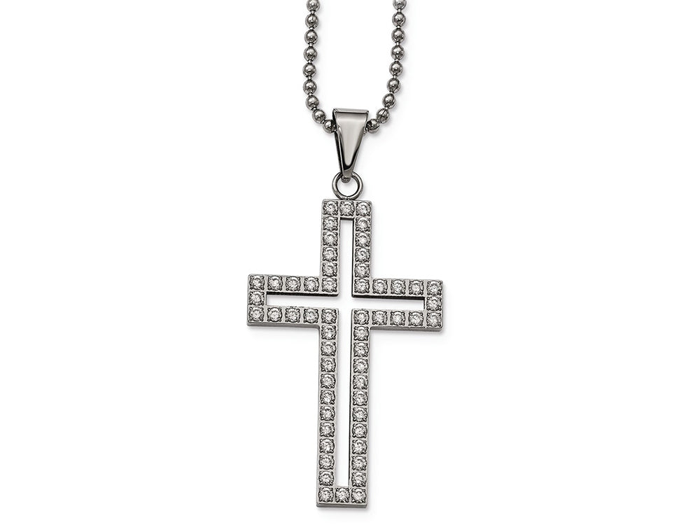 Chisel Stainless Steel Polished CZ Cross Necklace