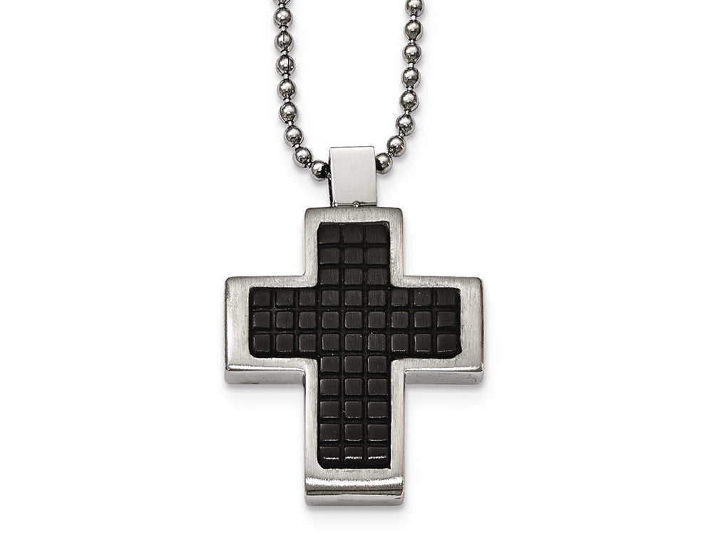 Chisel Stainless Steel Brushed and Polished Black Ip Textured Cross Necklace