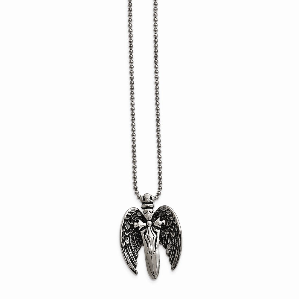 Chisel Stainless Steel Polished W/brushed Back Antiqued Winged Sword Necklace