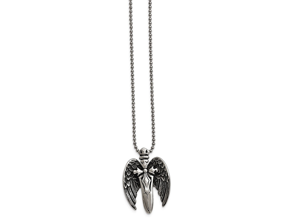 Chisel Stainless Steel Polished W/brushed Back Antiqued Winged Sword Necklace
