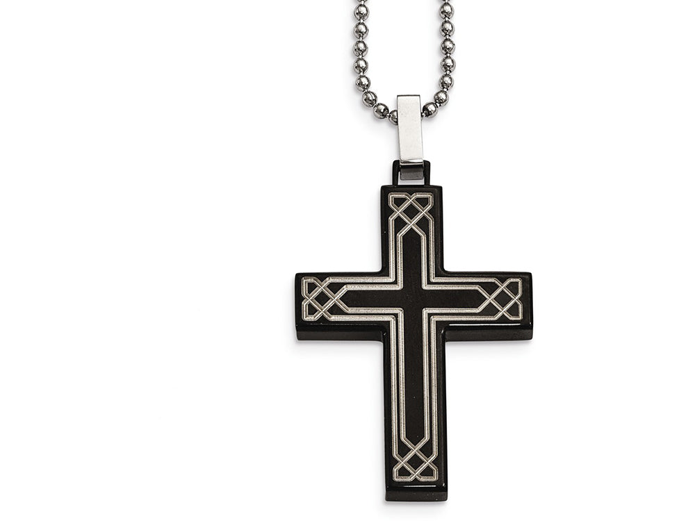 Chisel Stainless Steel Polished Laser Etched Black Ip Cross Necklace