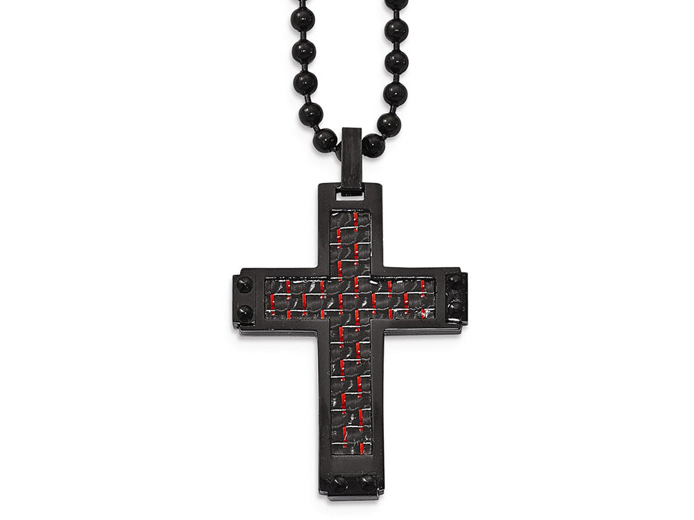 Chisel Stainless Steel Polished Black Ip Black/red Carbon Fiber Cross Necklace