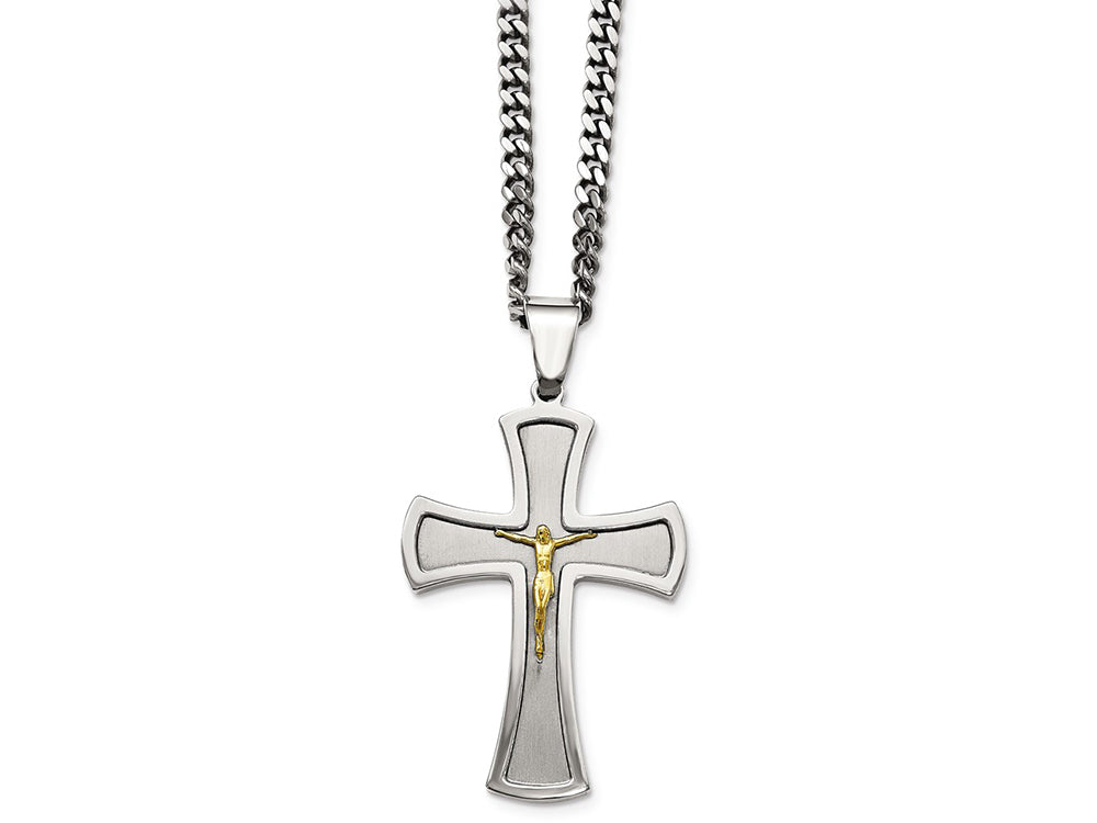 Chisel Stainless Steel Brushed and Polished Yellow Ip-plated Crucifix Necklace