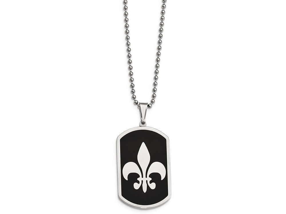 Chisel Stainless Steel Black-plated W/ Fleur De Lis Dog Tag Necklace