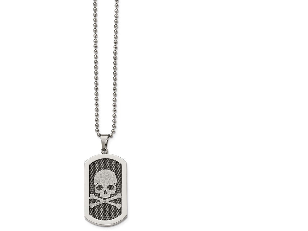 Chisel Stainless Steel Polished And Brushed Laser Cut Skull and Bones 24in Necklace