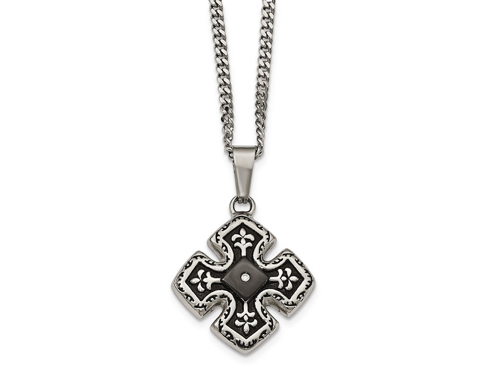 Chisel Stainless Steel Polished Black Ip CZ Celtic Cross Necklace
