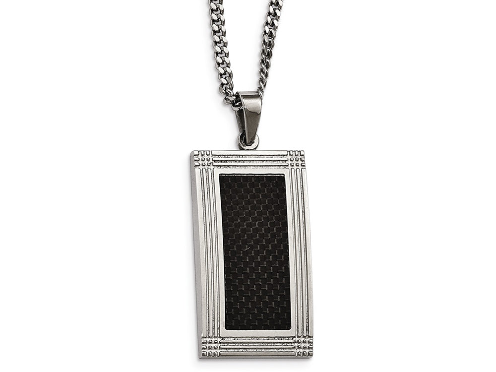 Chisel Stainless Steel Polished Grooved Black Carbon Fiber Necklace