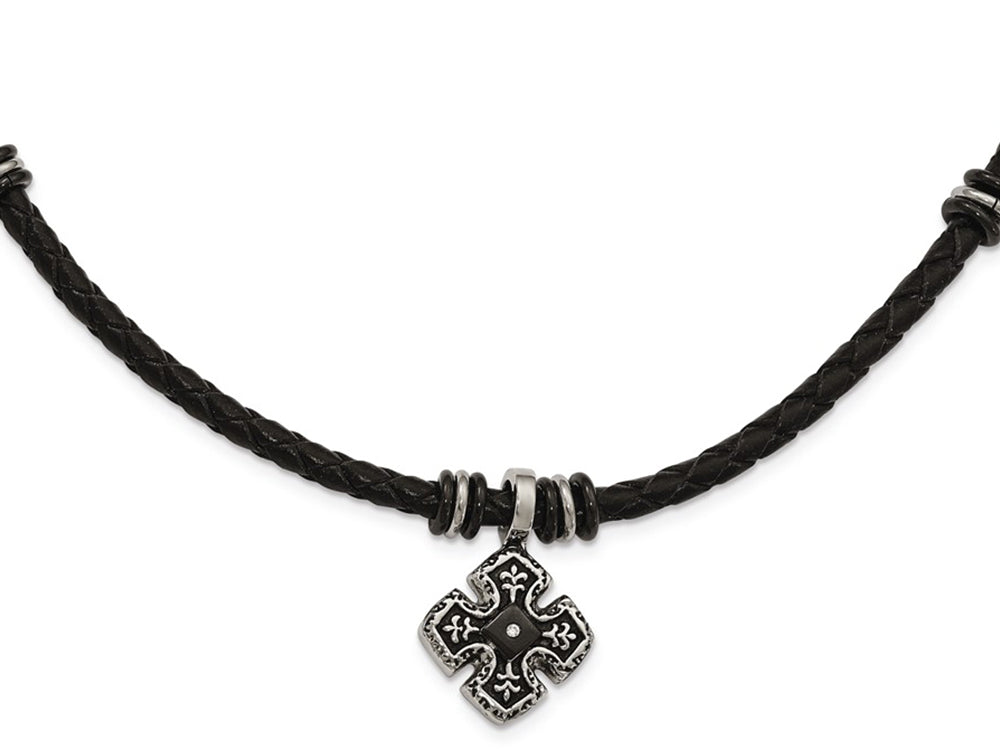 Chisel Stainless Steel Polished Black Ip Braided Blk Leather CZ Necklace