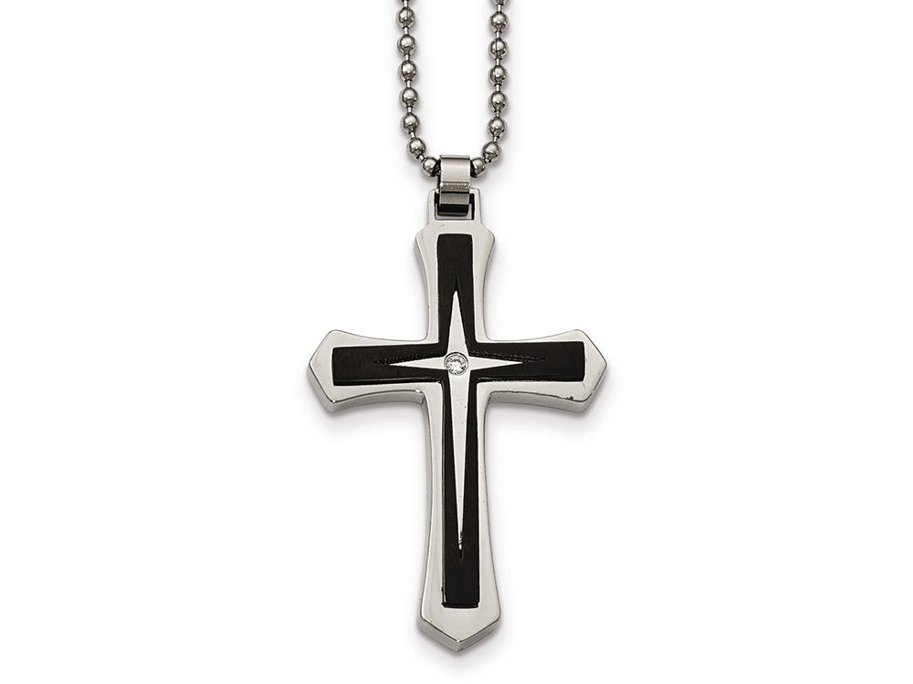 Chisel Stainless Steel Brushed And Polished Black Ip CZ Cross Necklace