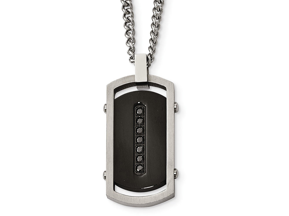 Chisel Stainless Steel Brushed/polished Black Ip Center Black CZ Tag Necklace