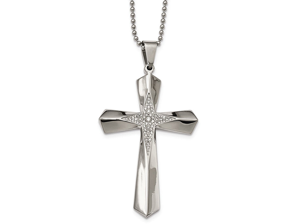 Chisel Stainless Steel Polished CZ Cross Necklace