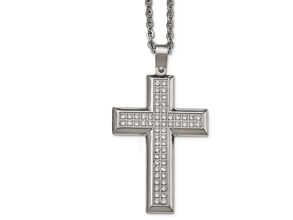 Chisel Stainless Steel Polished CZ Cross Necklace