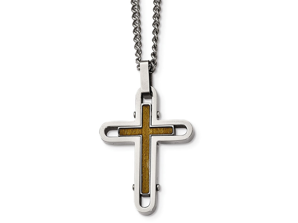 Chisel Stainless Steel Polished Wood With Enamel Overlay Cross Necklace