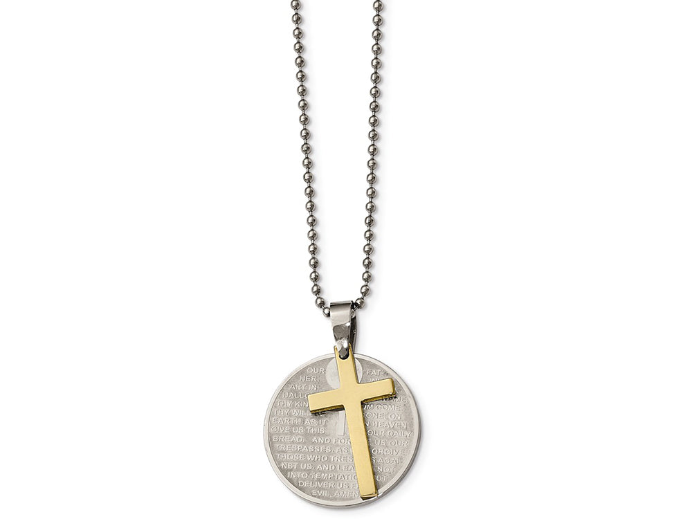 Chisel Stainless Steel Brushed/polished Yellow Ip Lords Prayer Cross Necklace