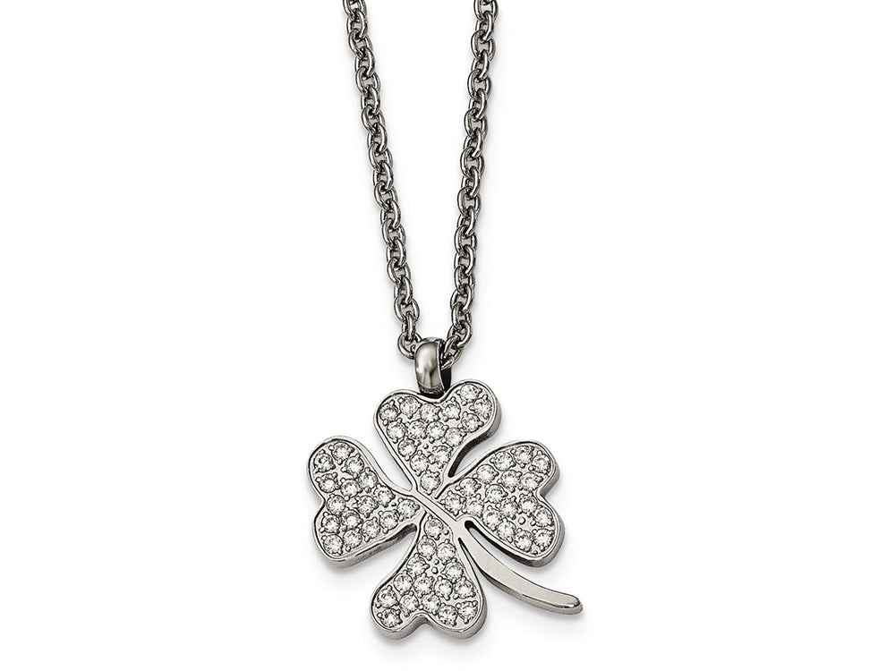 Chisel Stainless Steel Polished CZ Four Leaf Clover Necklace