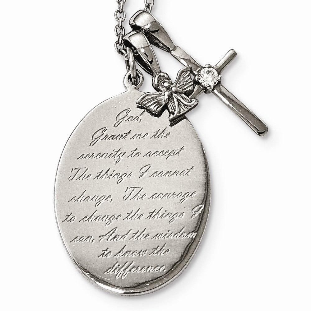 Chisel Stainless Steel Polished Serenity Prayer CZ Cross 2in Ext. Necklace