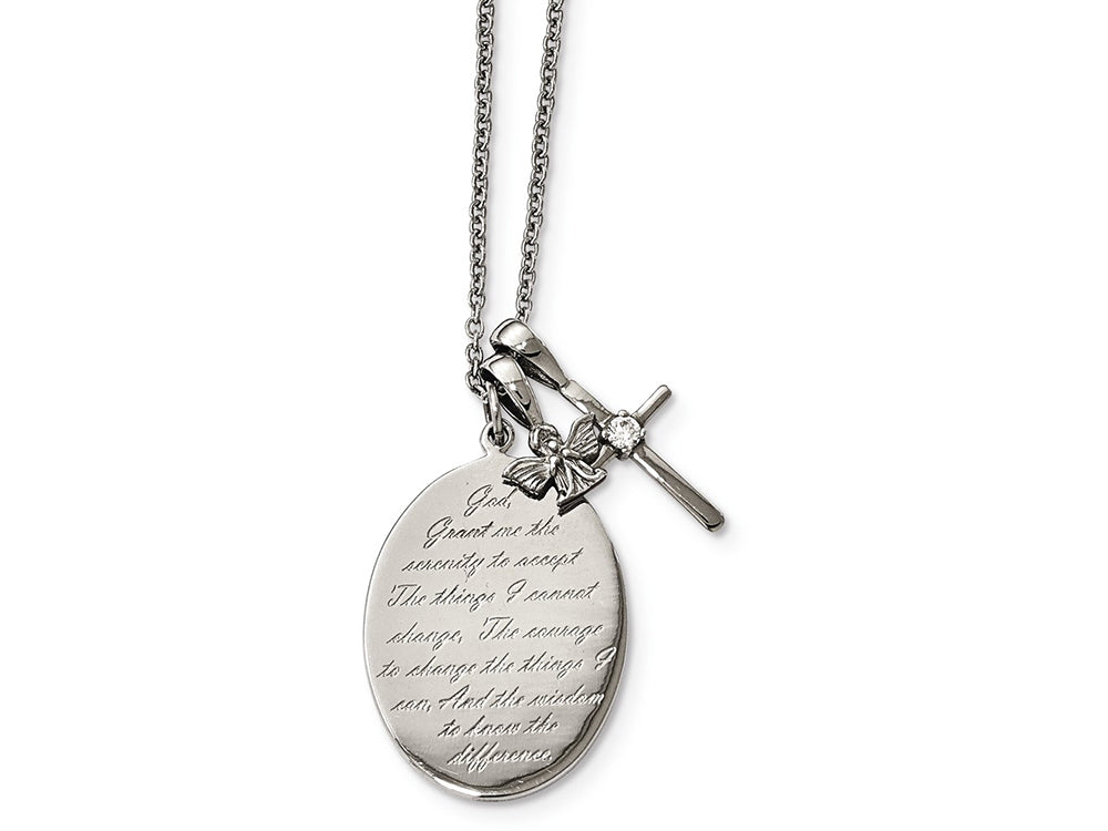 Chisel Stainless Steel Polished Serenity Prayer CZ Cross 2in Ext. Necklace
