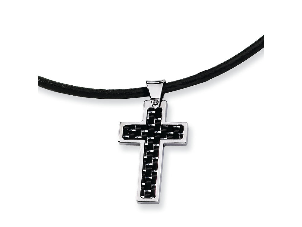 Chisel Stainless Steel Carbon Fiber Cross Pendant Necklace - 18 inches