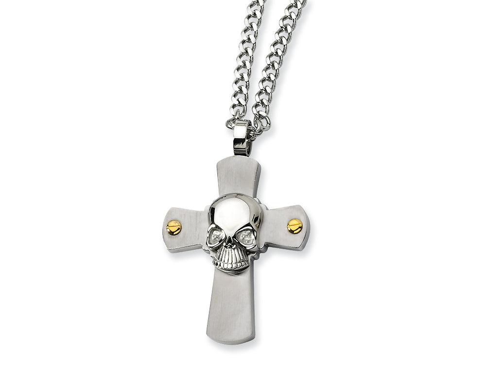 Chisel Stainless Steel Skull on Cross Necklace - 24 inches