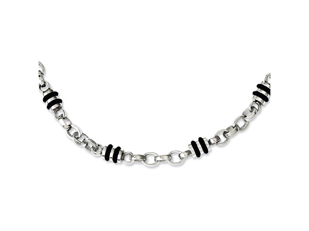 Chisel Stainless Steel and Rubber Accent Barrel Link Necklace - 22 inches