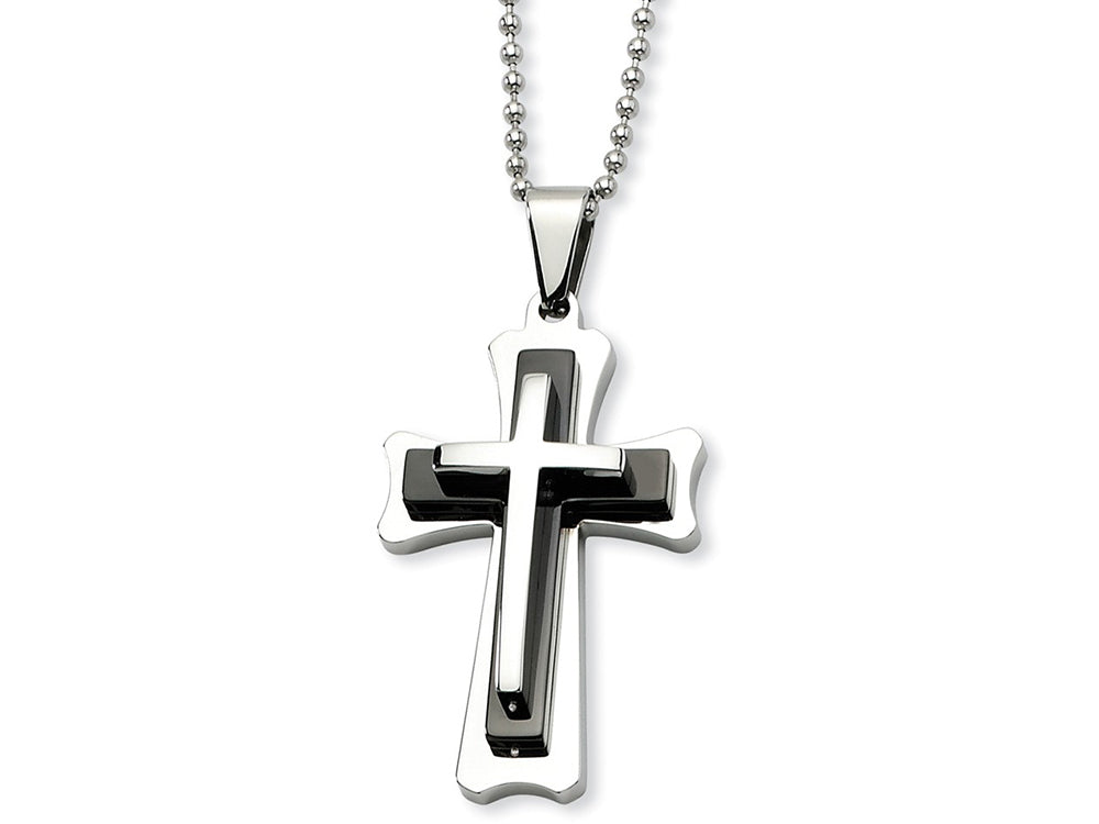 Chisel Stainless Steel Black Acrylic and Polished Cross Necklace