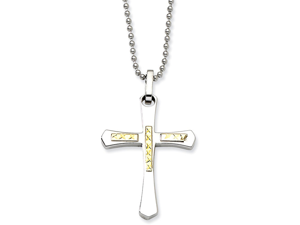 Chisel Stainless Steel 14k Accent bright Cut Cross Necklace