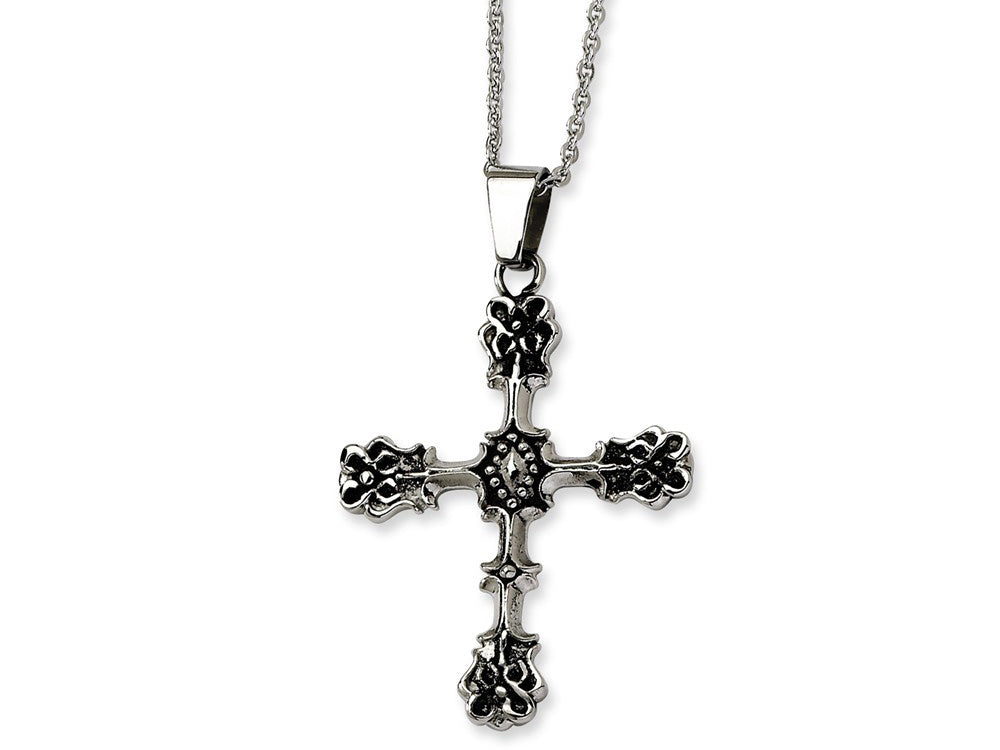Chisel Stainless Steel Antiqued Cross Pendant Necklace