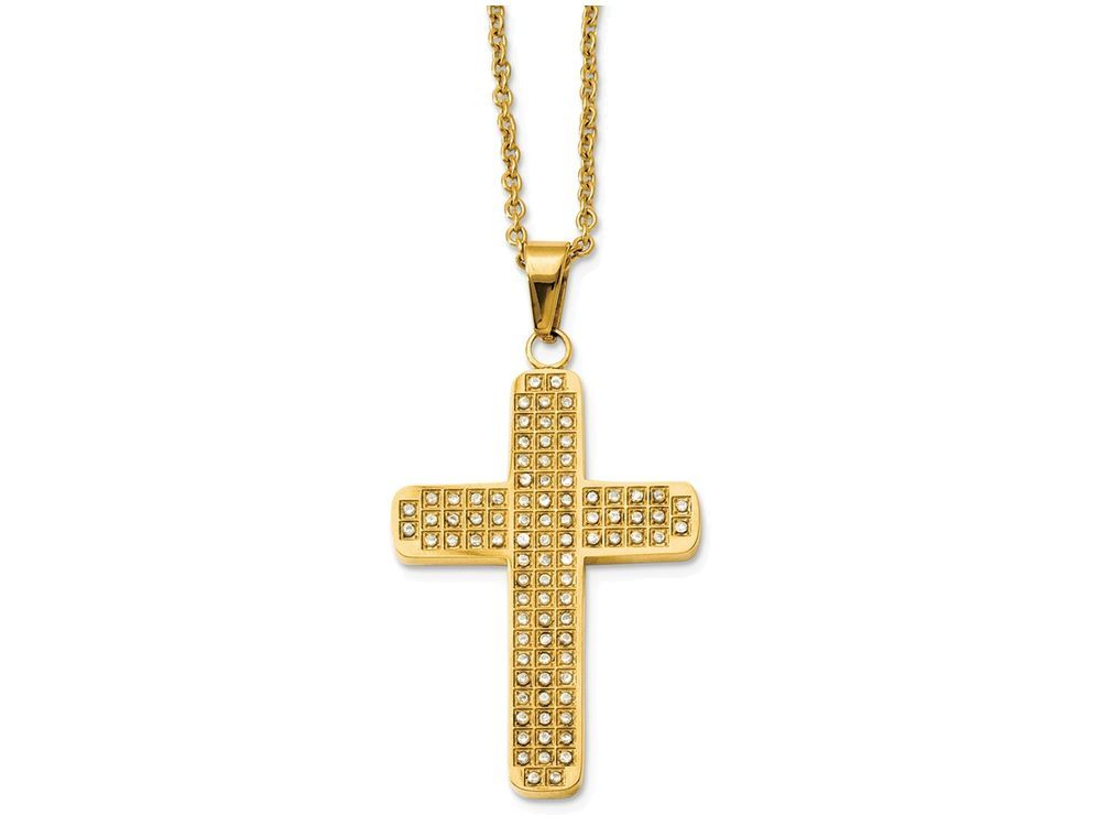 Chisel Stainless Steel Yellow Ip-plated With CZs Cross Pendant Necklace
