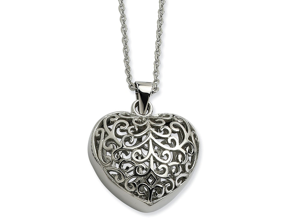 Chisel Stainless Steel Filigree Puffed Heart Pendant Necklace