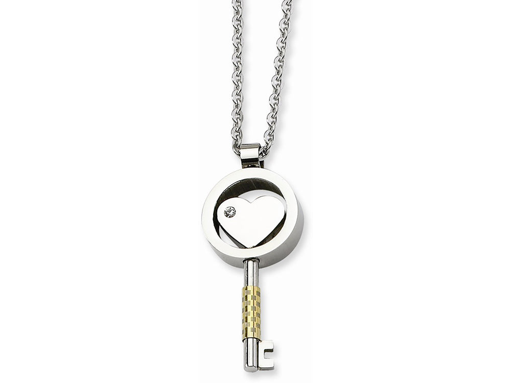 Chisel Stainless Steel Gold Ip-plated and CZ Key 22in Necklace