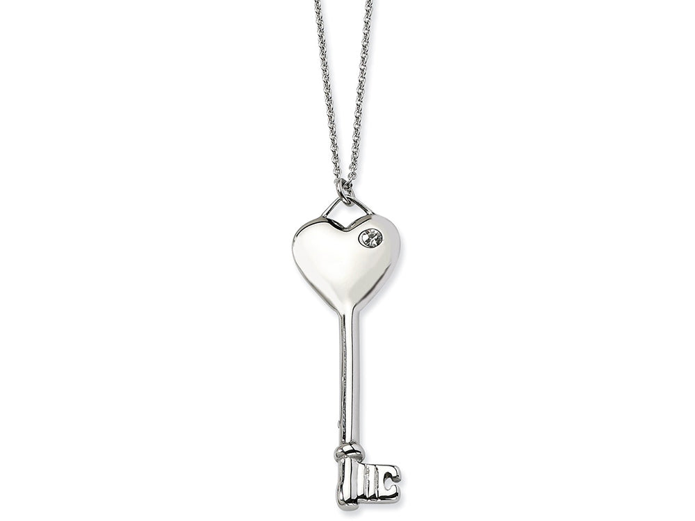 Chisel Stainless Steel Heart With CZ Key Pendant Necklace