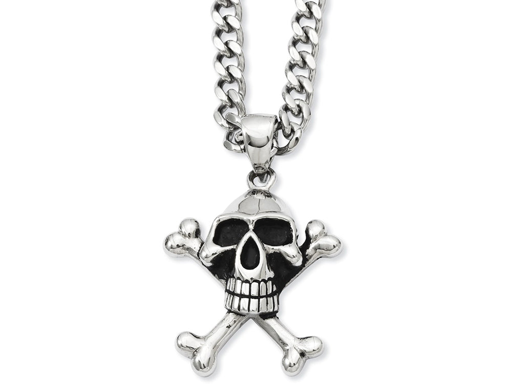 Chisel Stainless Steel Antiqued Skull and Crossbones Pendant 24in Necklace