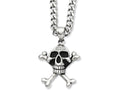 Chisel Stainless Steel Antiqued Skull and Crossbones Pendant 24in Necklace