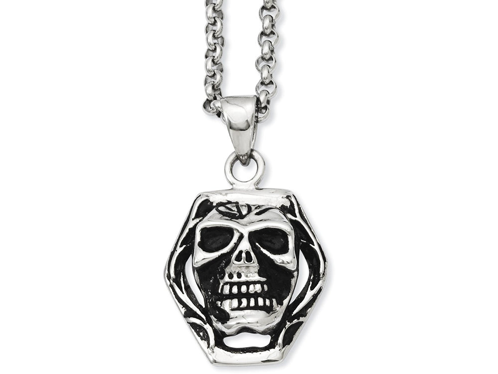 Chisel Stainless Steel Antiqued Skull Pendant 24in Necklace