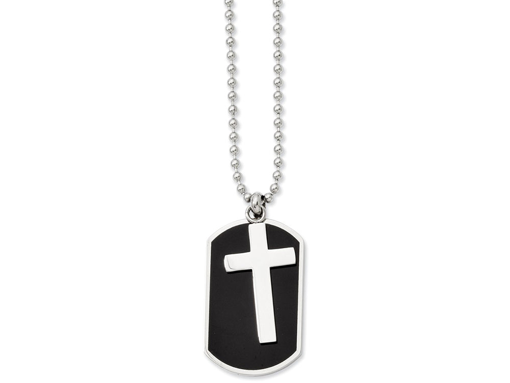 Chisel Stainless Steel Black-plated Dog Tag and Polished Cross Necklace