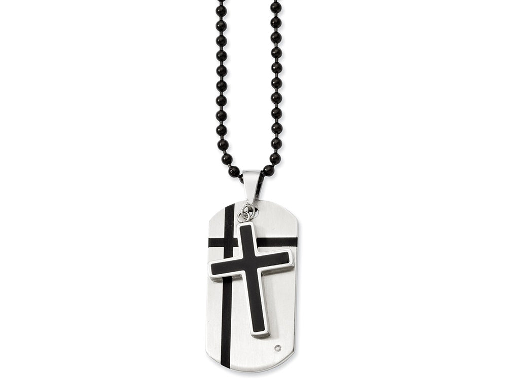 Chisel Stainless Steel Black Enamel Cross and Dog Tag W/cz Necklace